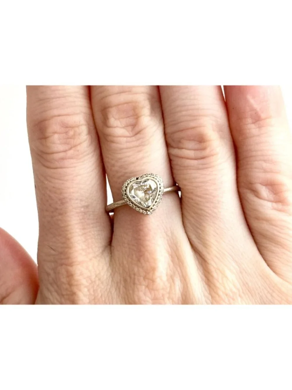 Heart Shaped CZ Gemstone Accented Sterling Silver 925 Vintage Ring - sz 7